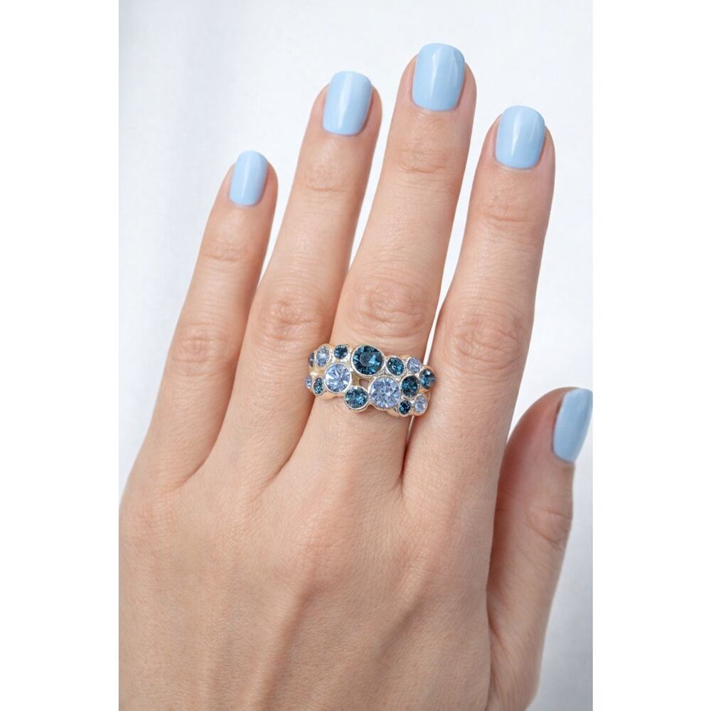 Vintage Blue Ring Rhinestone Silver Tone Wide Cocktail Statement Size 8.25